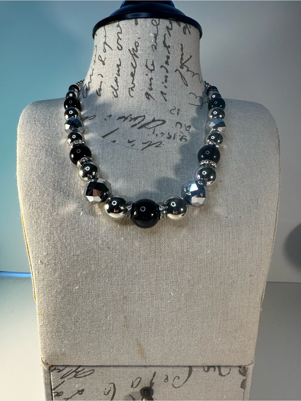 Bold Black and Silver Beaded Statement Necklace